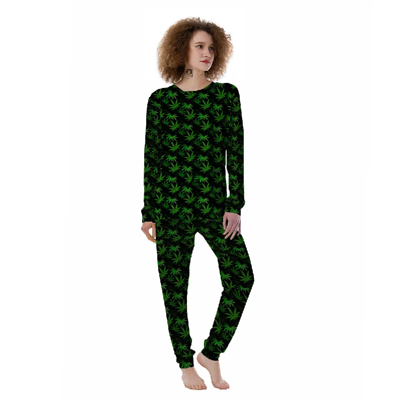 Cannabis Leaf Black And Green Print Women's Pajamas Short sleeve pajama sets