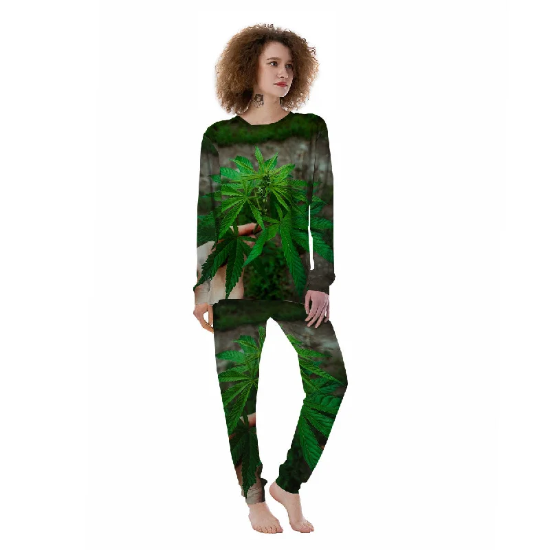 Cannabis Leaf Forest Green Print Women's Pajamas Cartoon pajama sets