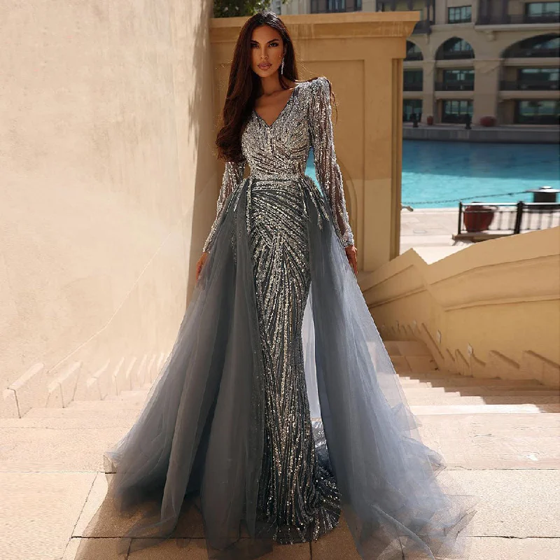 Luxury Blue Long Sleeve Evening Dress with Detachable Skirt SS432 Luxury party dresses Luxury Blue Long Sleeve Evening Dress with Detachable Skirt SS432 Luxury party dresses