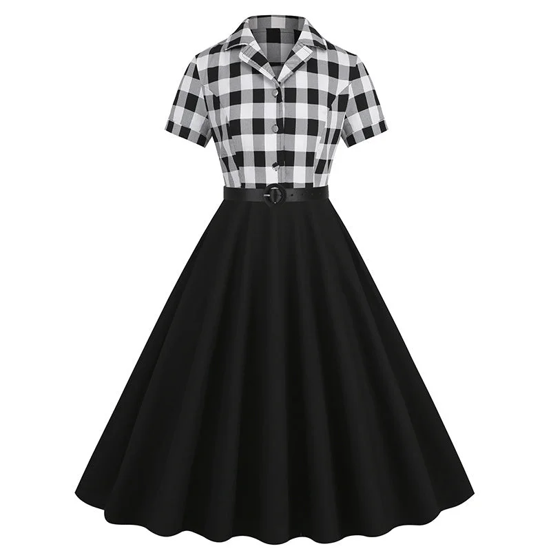 1950s Floral Patchwork V Collar Swing Dress With Belt Graduation floral dresses