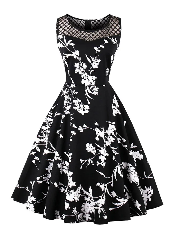 Black 1950s Floral Print Sleeveless Dress Best floral dresses for petites