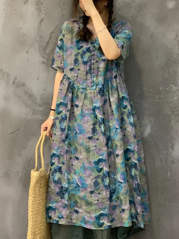 Women Summer Vintage Flower Ramie Button Dress UI1002 Sequin unclassified dresses