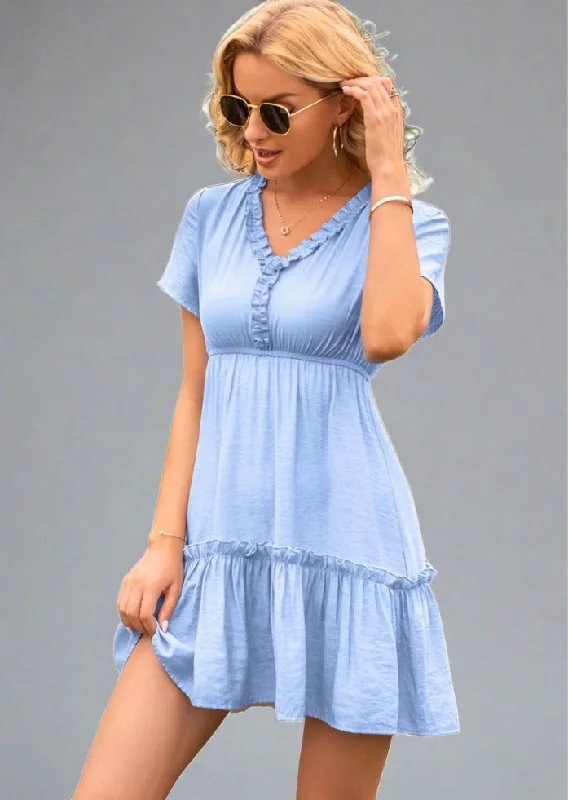 Frill V-Neck Short Sleeve Ruffle Hem Dress Vintage Denim Skirt