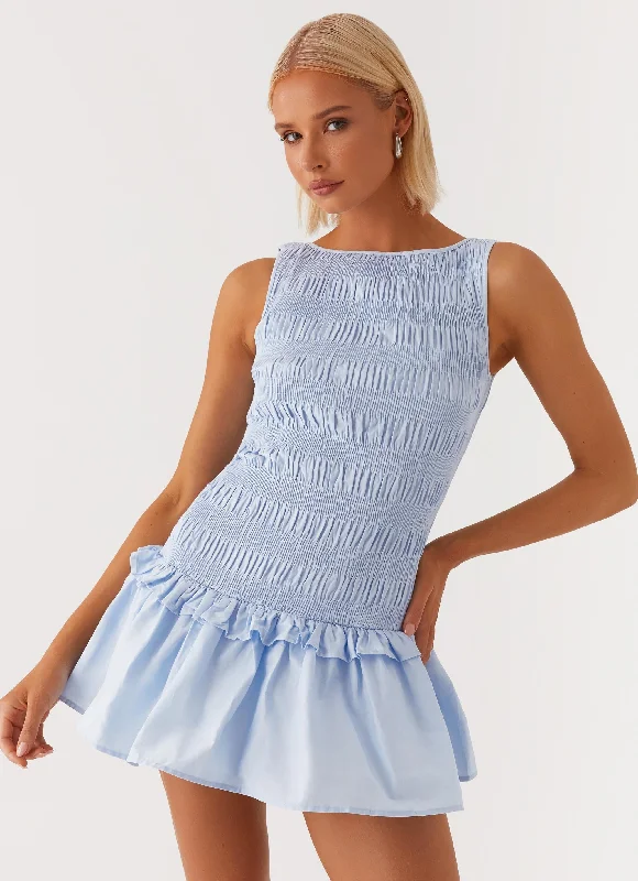 Garden Kisses Shirred Mini Dress - Blue Mini Skirt with Lace
